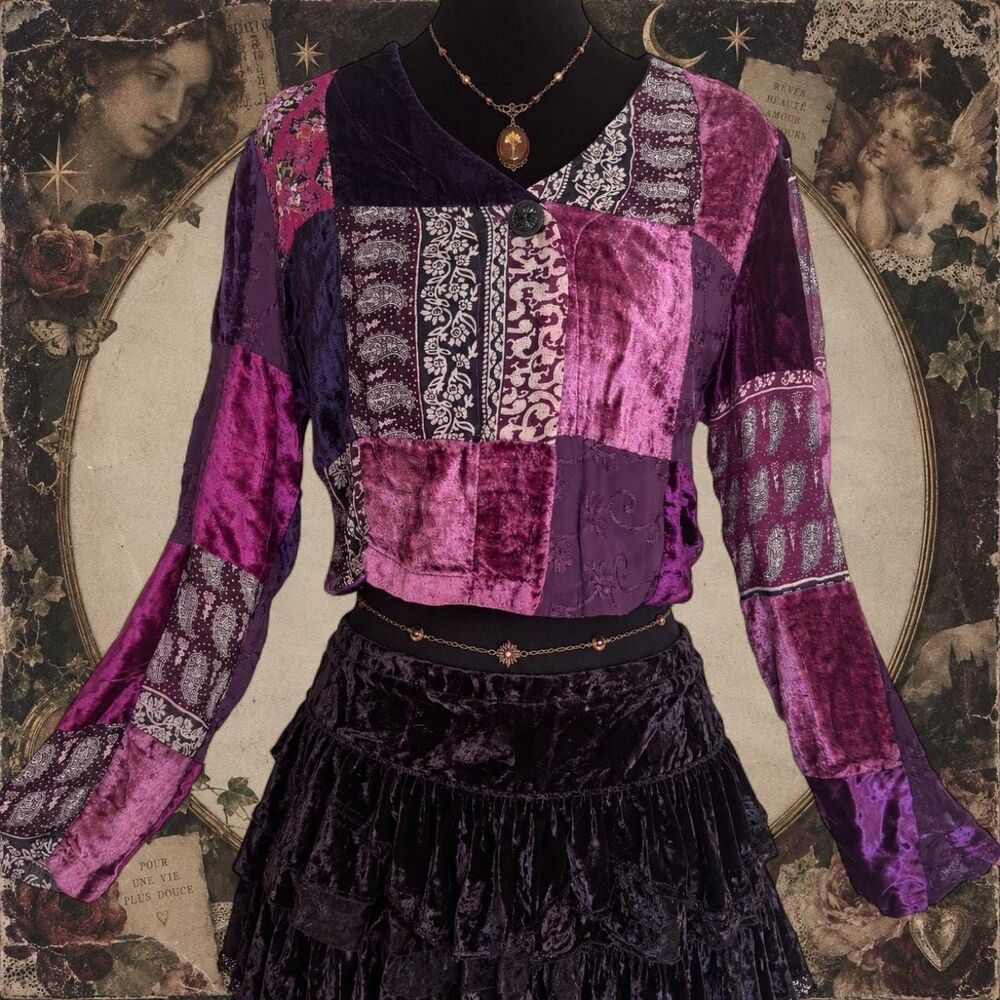 PG Collections Patchwork Velvet Cropped Jacket Whimsigoth Boho 90s Purple